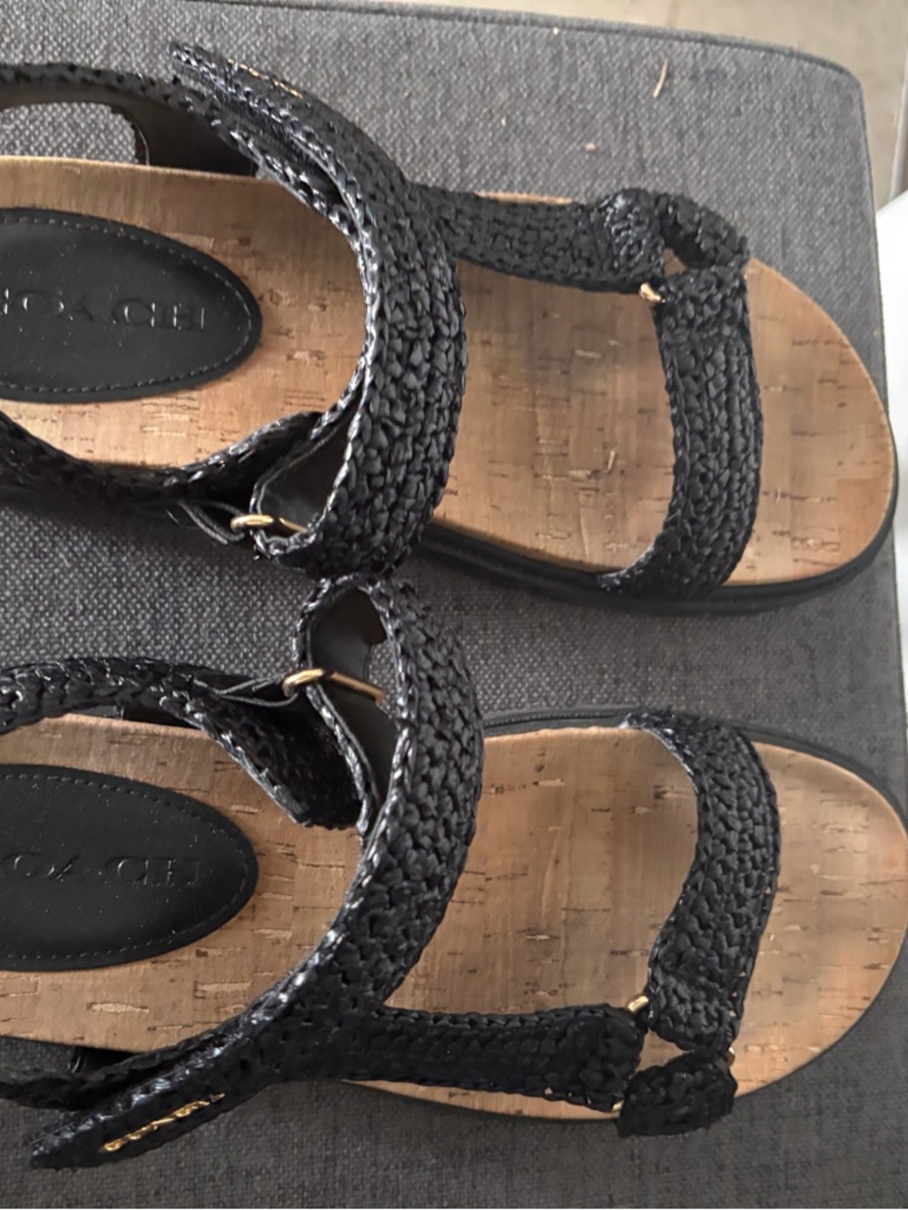 Coach Black Braided Cork Footbed Sandals with Adjustable Straps